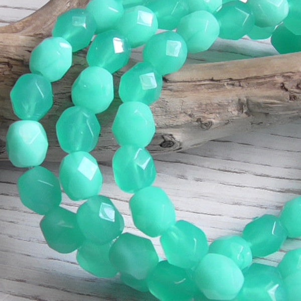 25 - 6mm Czech Translucent & Opaque Seafoam Green Opaline Faceted Fire Polished Round Glass Beads