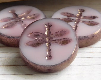 3 - 18mm Czech Opaque Pinkish Purple Bronze Picasso Dragonfly Round Coin Disc, Table Cut Czech Glass, Stamped Dragonfly, Damsel Fly Beads