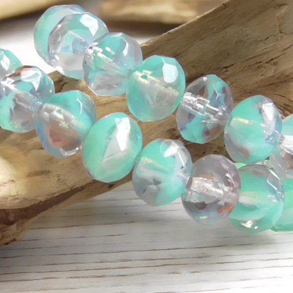 10 - 9x6mm Czech Translucent Clear White Opal Turquoise Opal Marbled Faceted Donut Rondelle Glass Beads, Czech Vintage Laguna Rondelles