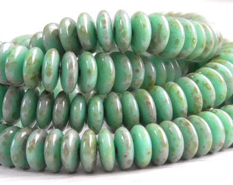 30 - 6x2mm Czech Opaque Turquoise Green Subtle Picasso Heishi Disc Rondelle Smooth Glass Beads, Czech Pressed Glass, Bohemian Glass Beads