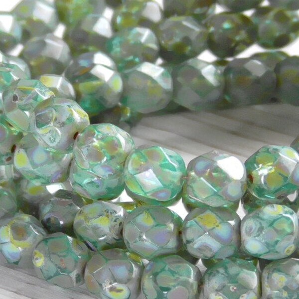 25 - 6mm Czech Turquoise Heavy Picasso Finish Faceted Fire Polished Round Glass Beads, Bohemian Travertine Glass Beads