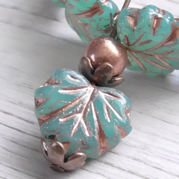 10 - 13x11mm Czech Glass Maple Leaf Beads, Leaves Translucent Turquoise Opal Copper Veining Fall Autumn Halloween, Copper Gilded Leaves