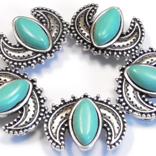 Five 2 Hole Slider Beads Cactus Flower Native American Symbol, Turquoise Marquis Shape Cabs Silver Tone Southwestern Native Cowgirl Western