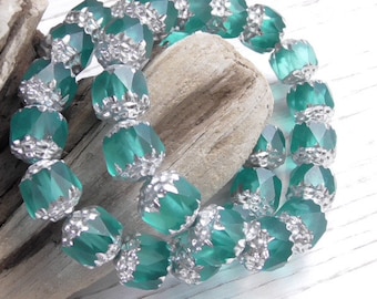 10 - 8mm Czech Translucent Matte Teal Blue Silver Ends Cathedral Faceted Glass Beads 8mm Czech Cathedral Beads