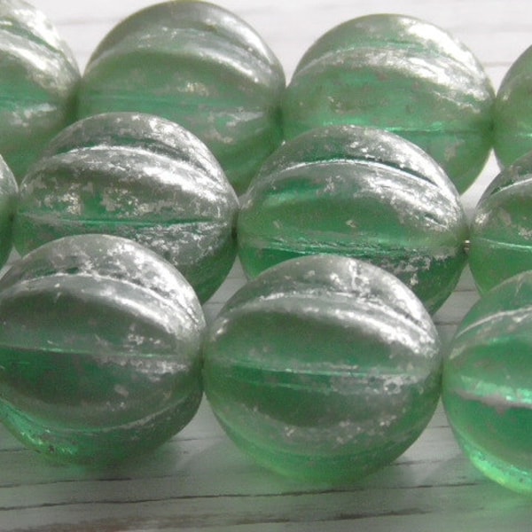 6 - Large 12mm Czech Glass Opaque Fluorite Green Metallic Silver Mercury Melon, Pumpkin Fluted Ribbed Pressed Glass Round Beads