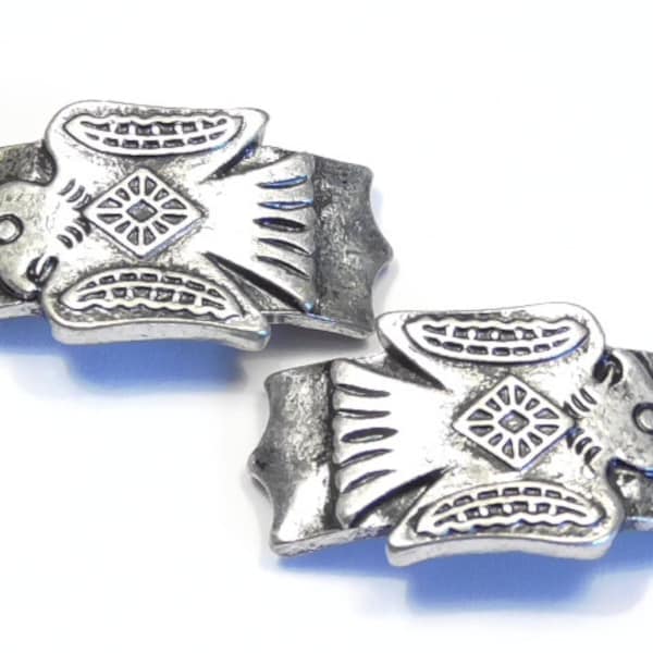 Two 2 Hole Cuff Slider Beads 2 Hole Spacer Bars Native American Thunderbird, Phoenix Symbol Silver Tone Metal Tribal Indian Aztec Totem Bead