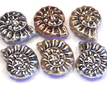 Six 2 Hole Slider Beads 2 Hole Spacer Beads Antiqued Silver Brass Copper Tri-Color Nautilus Sea Shells, Seashore, Coastal, Nautical Beads