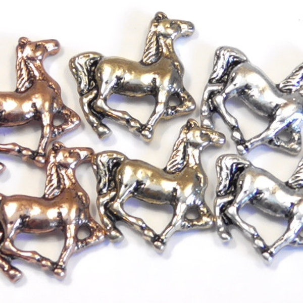 Six 2 Hole Slider Beads 2 Hole Spacer Beads Antiqued Tri Color Copper, Silver, Brass Horse Running Horse Trotting Horse Equestrian