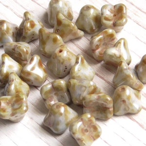 12 - 7x6mm Czech Glass Opaque 4 Petal Bell Flower Moss Green & Brown Picasso Pressed Glass Flower, Four Petal Flower, Garden, Floral Beads