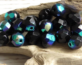 20 - 8mm Czech Opaque Jet Black AB Faceted Fire Polished Round Glass Beads, Rainbow AB, Aurora Borealis Beads