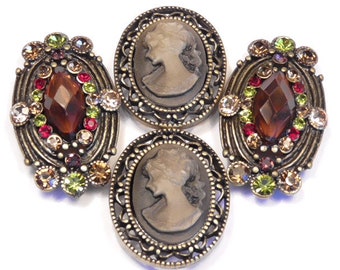 Four 2 Hole Slider Beads Siam Smoky Topaz Amethyst Olivine Colorado Topaz Swarovski Crystal Studded Victorian Cameo Beads, Renaissance Beads