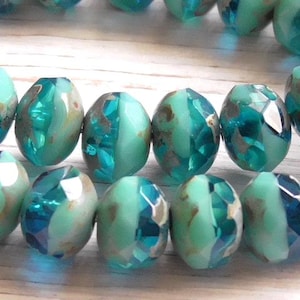 10 - 9x6mm Czech Turquoise Caribbean Blue Picasso Opaque & Transparent Faceted Fire Polished Rondelle, Donut Glass Beads