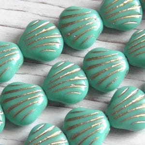 12 - 9mm Czech Sea Shell Opaque Turquoise Gold Wash Shell Glass Beads, Beach Theme, Marine Life Beads, Coastal Beads