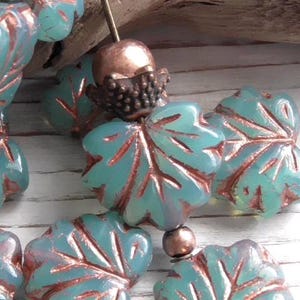 10 - 13x11mm Czech Translucent Turquoise Opal Copper Veined Maple Leaf Beads, Fall Autumn, Copper Gilded Leaves