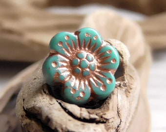 6 - 14mm Czech Opaque Turquoise Blue Metallic Copper Wash Wild Rose Flower, Pressed Glass Rose, Blossom Beads