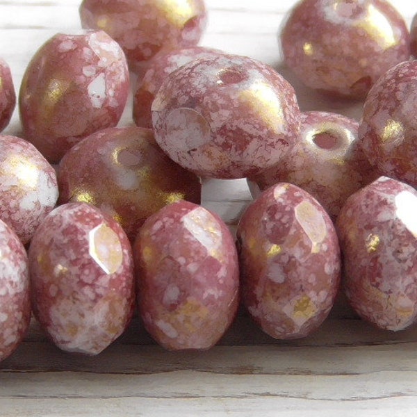 12 - 8x6mm Czech Opaque Speckled Mauve White Bronze Luster Faceted Fire Polished Rondelle, Donut Glass Beads