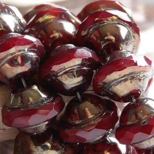 8 - 10x8mm Czech Opaque Burgundy Metallic Bronze Saturn Saucer UFO Faceted Glass Beads Boho, Bali Style Glass Beads