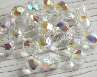25 - 6mm Czech Transparent Clear AB (Aurora Borealis) Round Faceted Fire Polished Glass Beads, Rainbow AB Czech Glass