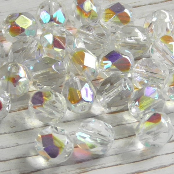 25 - 6mm Czech Transparent Clear AB (Aurora Borealis) Round Faceted Fire Polished Glass Beads, Rainbow AB Czech Glass