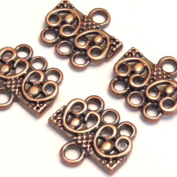 Two Sets (4 Pcs.) 3 Hole Slider Beads Link End Bar Clasp Connectors Antiqued Copper Plated Metal Necklace & Bracelet Findings Heart Shapes