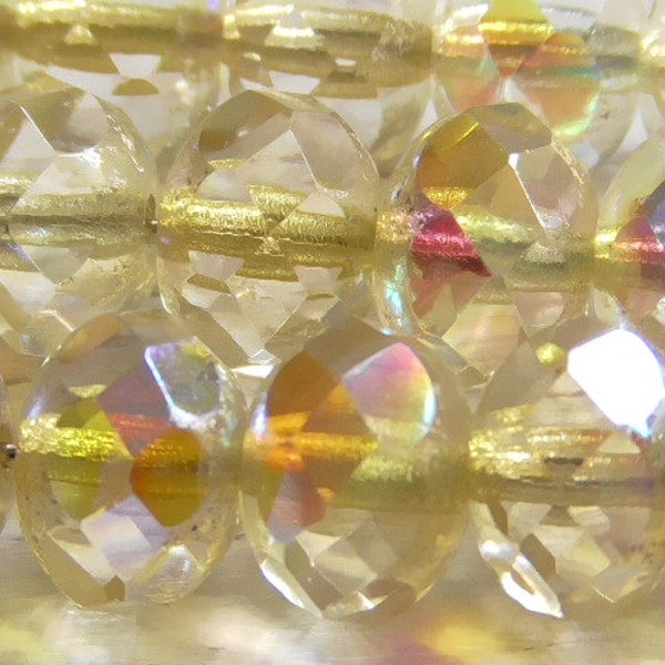 10 - 9x6mm Czech Pale Jonquil Yellow AB Faceted Donut Rondelle, Aurora Borealis, Rainbow AB, Czech Yellow AB Glass Beads