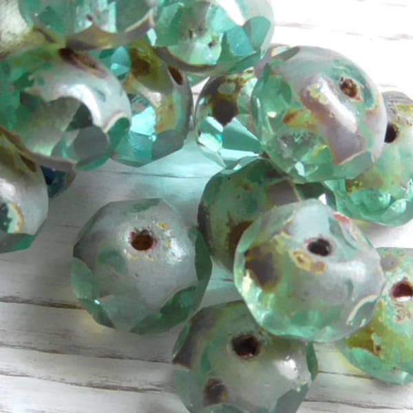 10 - 8x6mm Czech Transparent Light Aqua Marine Blue Picasso Faceted Fire Polished Rondelle, Donut Glass Beads