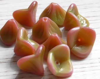 8 - 12x10mm Czech Glass Opaque Rose Pink & Olive Green 3 Petal Bell Flower, Trumpet Flower, Pressed Glass Flower, Botanical Garden Beads