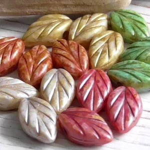 15 - 12x8mm Czech Fall Bead Mix Opaque Gold Green Beige Copper Mauve Pearl Shimmer Wash Beech Leaf, Leaves Plants Trees Autumn Mix