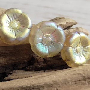6 - 10mm Czech Opaque & Transparent Pale Yellow AB Hibiscus, Pansy Flower Glass Beads, Pressed Glass Flower, Blossom, Nature Beads