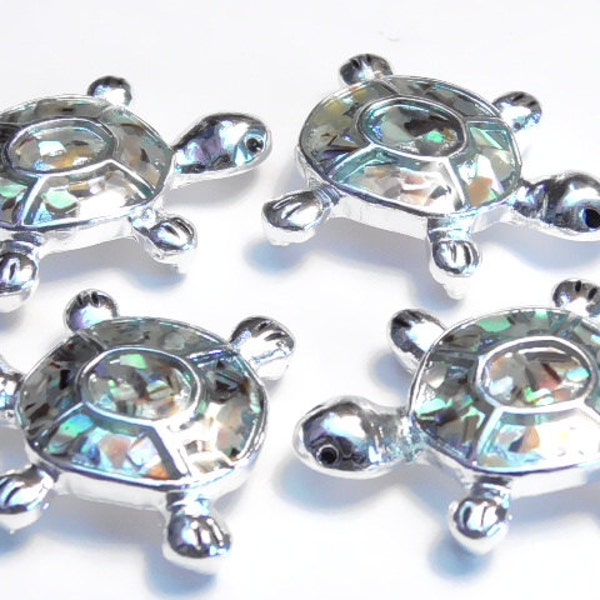 Four 2 Hole Slider Beads 2 Hole Spacer Beads Silver Plated Enamel Abalone Mosaic Shell Turtles Beach Beads Seashore Beads Nature Beads