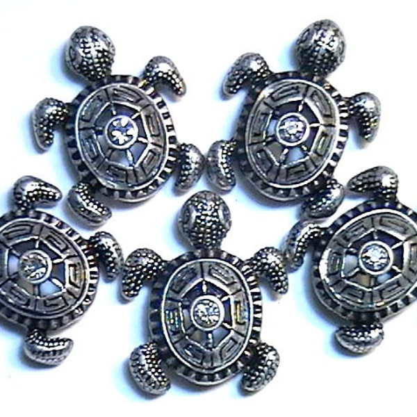 Five 2 Hole Slider Beads Clear Crystal Silver Plated Turtle With Ornate Stamped Shell Animal Beads Nautical Beads Beach Beads Turtle Beads
