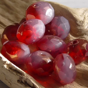 10 - 9x6mm Czech Transparent Ruby Rosewood Opaline Metallic Bronze Faceted Fire Polished Donut Rondelle Red & Pink Glass Beads, Spacers