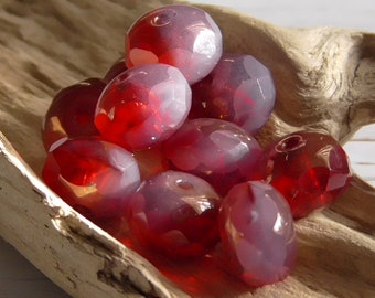 10 - 9x6mm Czech Transparent Ruby Rosewood Opaline Metallic Bronze Faceted Fire Polished Donut Rondelle Red & Pink Glass Beads, Spacers
