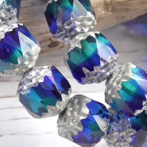 10 - 8mm Czech Transparent Sapphire Blue, Aqua Marine Blue Cathedral Faceted Glass Beads Silver Ends Two Tone 8mm Czech Cathedral Beads