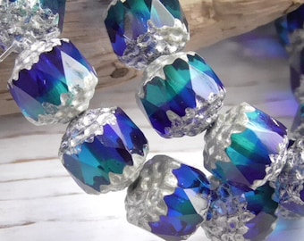 10 - 8mm Czech Transparent Sapphire Blue, Aqua Marine Blue Cathedral Faceted Glass Beads Silver Ends Two Tone 8mm Czech Cathedral Beads