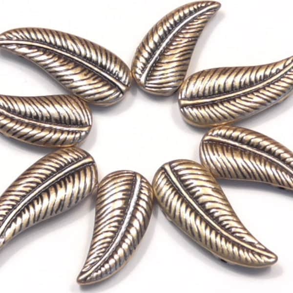 Eight 2 Hole Slider Beads 2 Hole Spacer Bars Southwestern Tribal Feathers Or Leaf, Leaves Antiqued Brass Western Beads, Botanical Beads