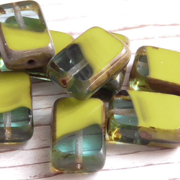 8 - 12x8mm Czech Transparent Pale Aqua Blue Opaque Gaspeite Green Picasso Table Cut Window Rectangle Pressed Glass Beads Table Cut Tile Bead