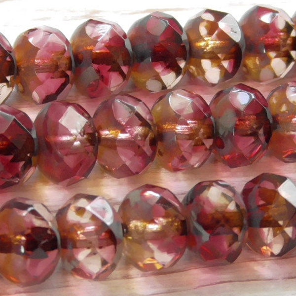 10 - 9x6mm Czech  Peach & Plum Picasso Faceted Fire Polished Rondelle, Donut 2 Tone Glass Beads