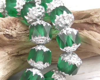 10 - 8mm Czech Translucent Matte Emerald Green Cathedral Faceted Glass Beads Silver Ends 8mm Czech Cathedral Beads