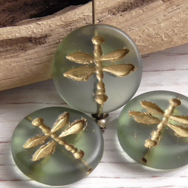 3 - 18mm Czech Matte Green Metallic Gold Dragonfly Round Coin Disc, Table Cut Czech Glass, Stamped Dragonfly, Damsel Fly Beads