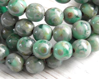 25 - 6mm Czech Mottled Emerald Green Picasso Opaque Smooth Round Druk Glass Beads, Bohemian Glass Beads