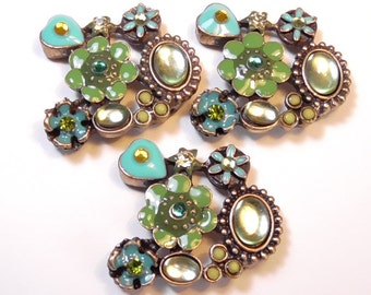 Three 2 Hole Slider Beads 2 Hole Spacer Beads Shades Of Green & Turquoise Enamel Flowers Hearts Cabochons Rhinestones Floral Heart Beads