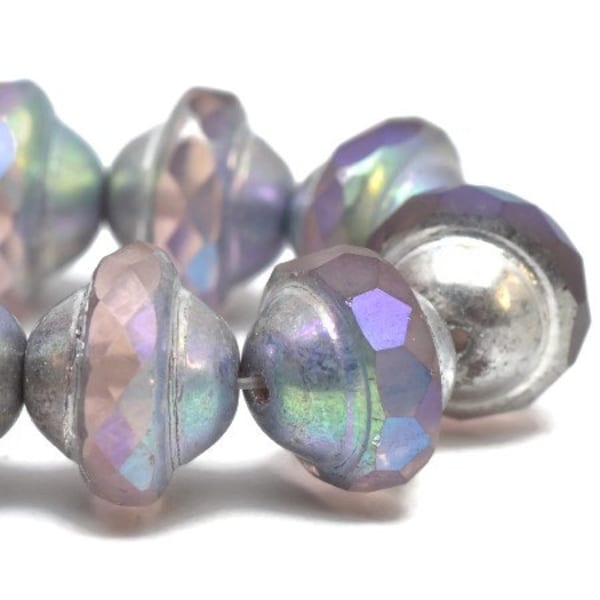 8 - 10x8mm Czech Matte Dusty Pink AB Metallic Silver Saturn Saucer UFO Faceted Glass Beads, Bohemian Glass Beads