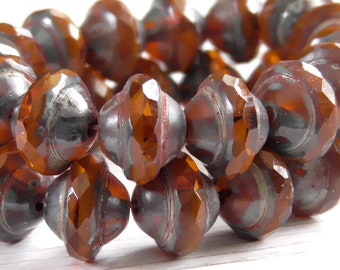 8 - 10x8mm Czech Transparent & Opaque Burnt Orange Picasso Saturn Saucer UFO Faceted Glass Beads, Bohemian Glass Beads Bali Style Beads