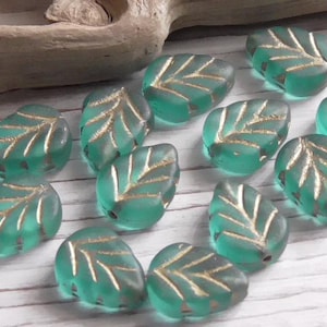 12 - 10x8mm Czech Translucent Matte Frosted Zircon Blue Gold Veined Birch Leaf Glass Beads, Plants, Trees, Floral, Garden Beads