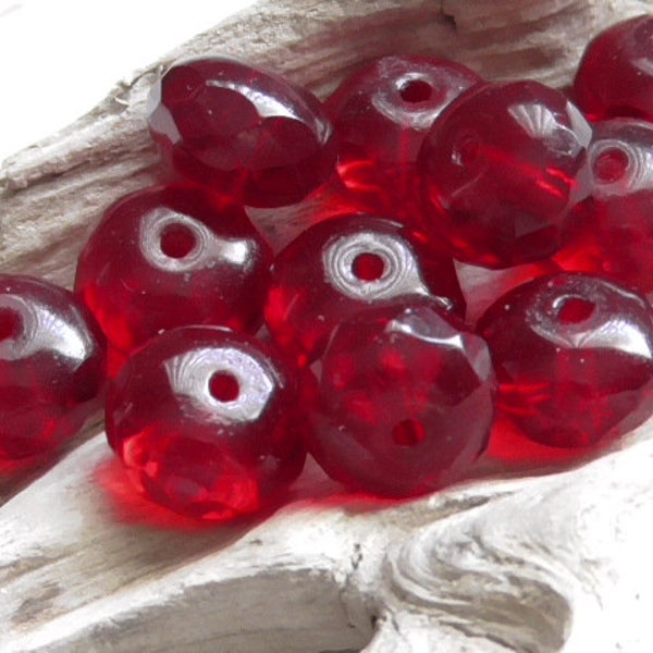 12 - 9x6mm Czech Transparent Ruby Red Faceted Fire Polished Donut Rondelle Glass Beads, Spacers