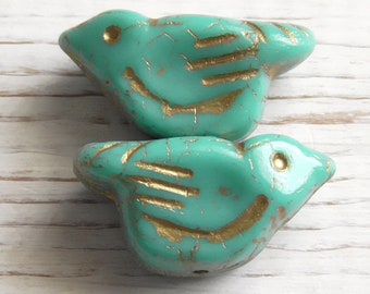 2 - Czech Opaque Turquoise Blue Gold Wash Sparrow Bird Avian Beads 22x12mm Chunky Czech Bird Beads, Bird Lover Beads, Bird Totem Glass Beads