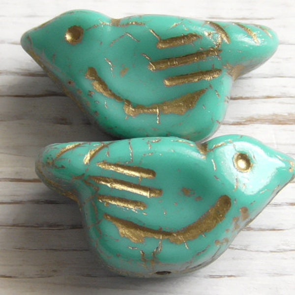 2 - Czech Opaque Turquoise Blue Gold Wash Sparrow Bird Avian Beads 22x12mm Chunky Czech Bird Beads, Bird Lover Beads, Bird Totem Glass Beads