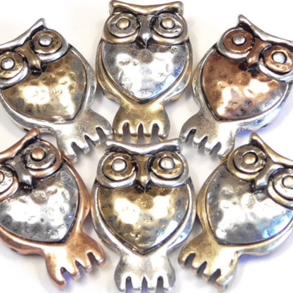 Six 2 Hole Slider Beads 2 Hole Spacer Bars Hammered Great Horned Owl Antiqued Tri Color Bird Of Prey, Raptor, Nature, Forest Animal Beads