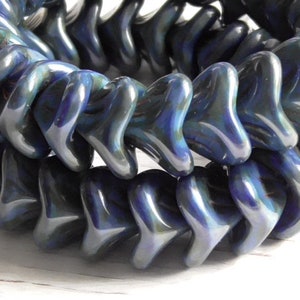 8 - 12x10mm Czech Glass Opaque Indigo Blue & Green Silk 3 Petal Bell Flower, Trumpet Flower, Pressed Glass Flower, Botanical Garden Beads